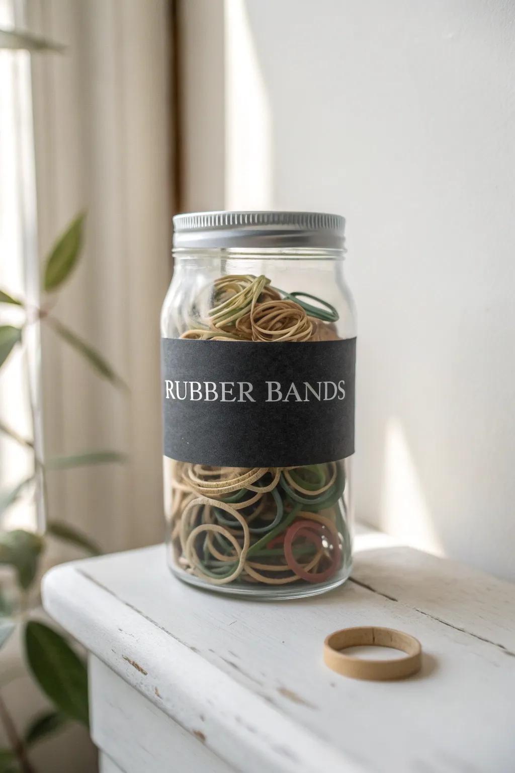 Effortlessly organized with minimalist charm: Chalkboard Label Jars for your rubber bands.