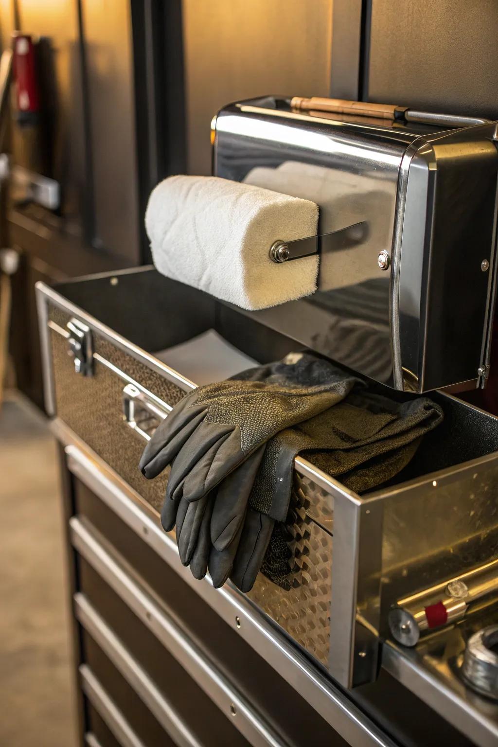 Enhance your workshop efficiency with a stylish magnetic dispenser for easy access to gloves and towels.