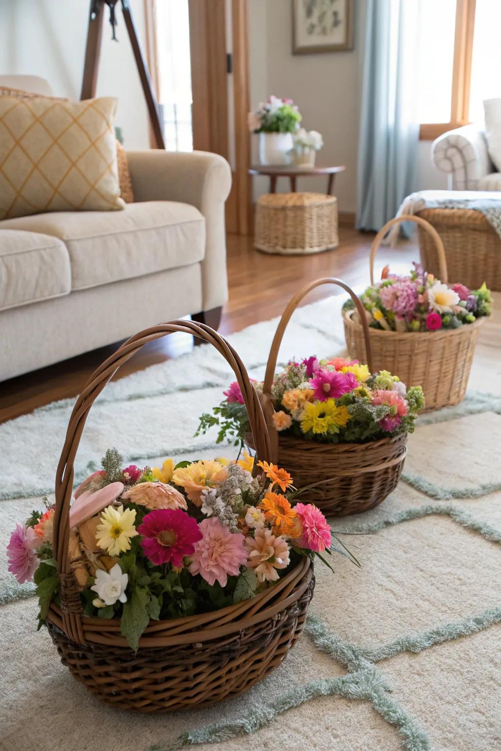 Decorative baskets combine practicality with style for flower storage.