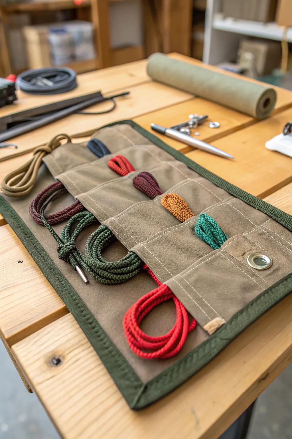 Keep your paracord perfectly organized with this handcrafted fabric roll-up organizer.
