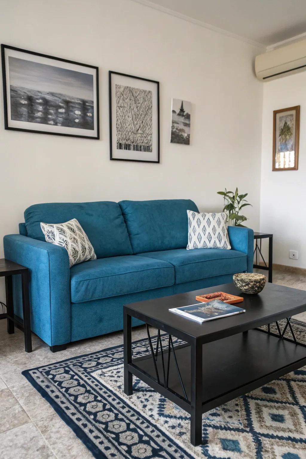 Black accents provide dramatic contrast and style to a blue couch.