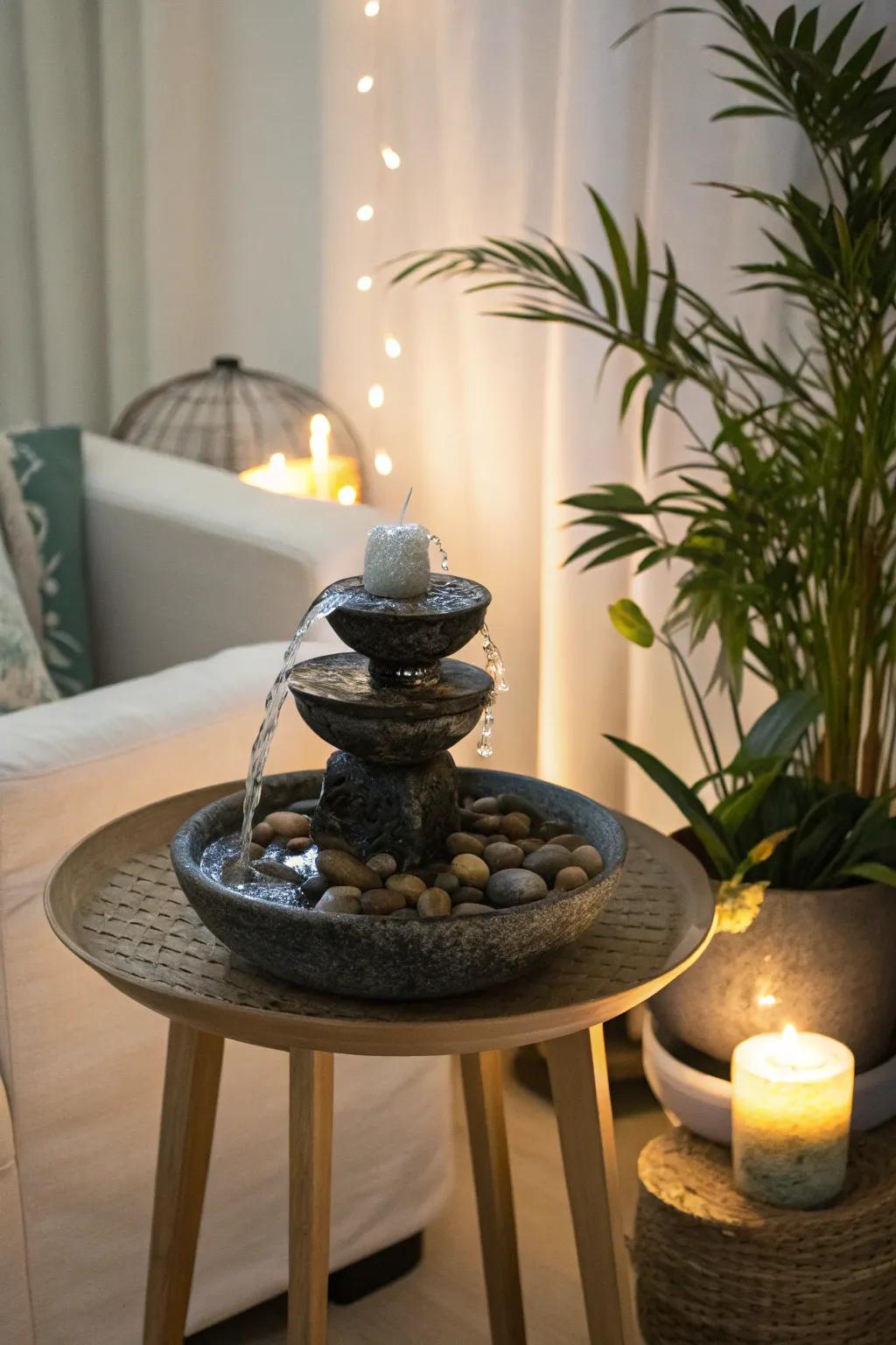 A small water fountain adds a calming sound to the room.