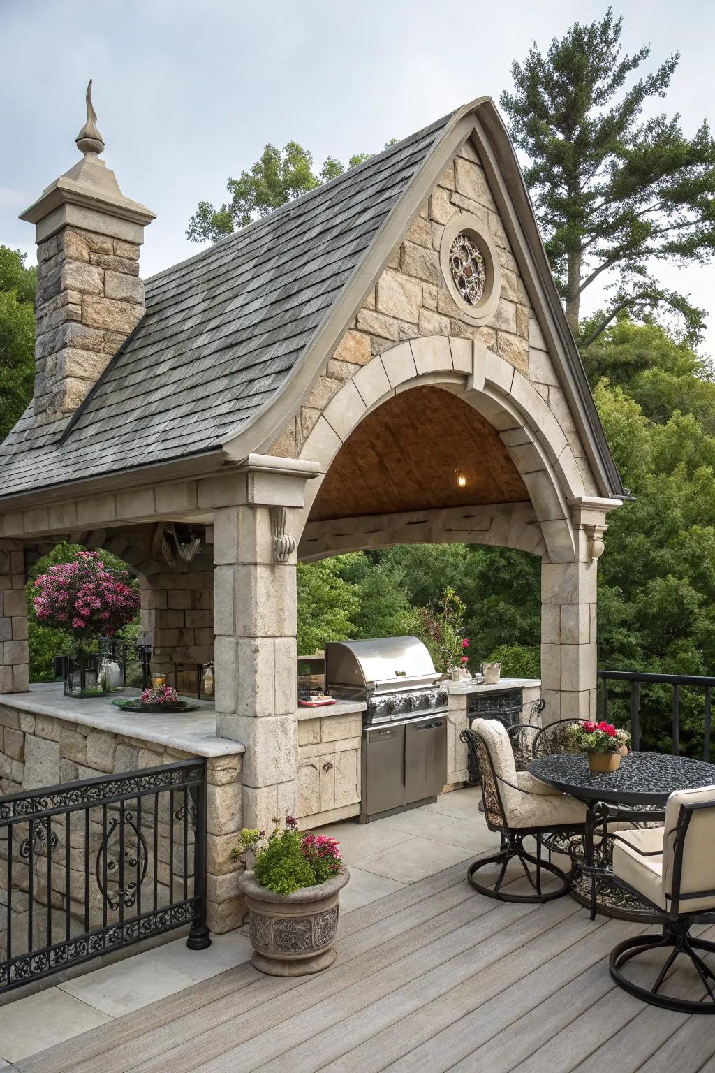 A stone archway roof offers grandeur and durability for your outdoor space.