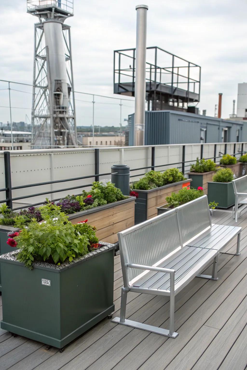 Metal elements add an industrial edge to the deck’s design.