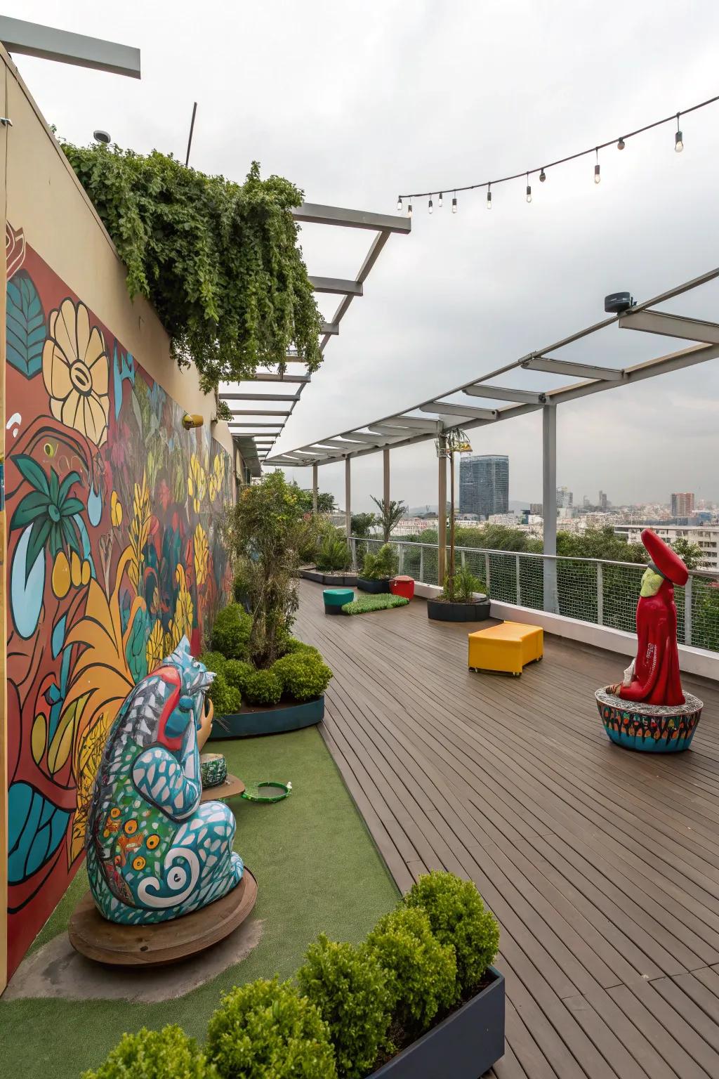 Artistic elements bringing a personal flair to a high deck.