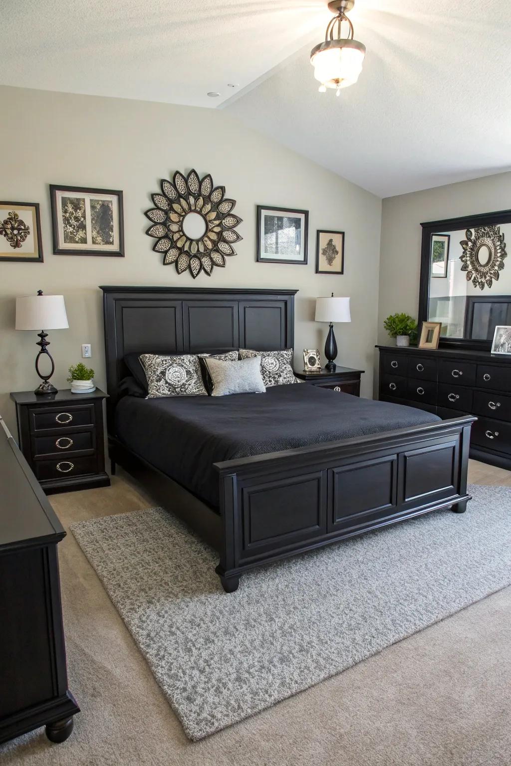 Symmetry brings balance and order to this harmonious black bedroom.