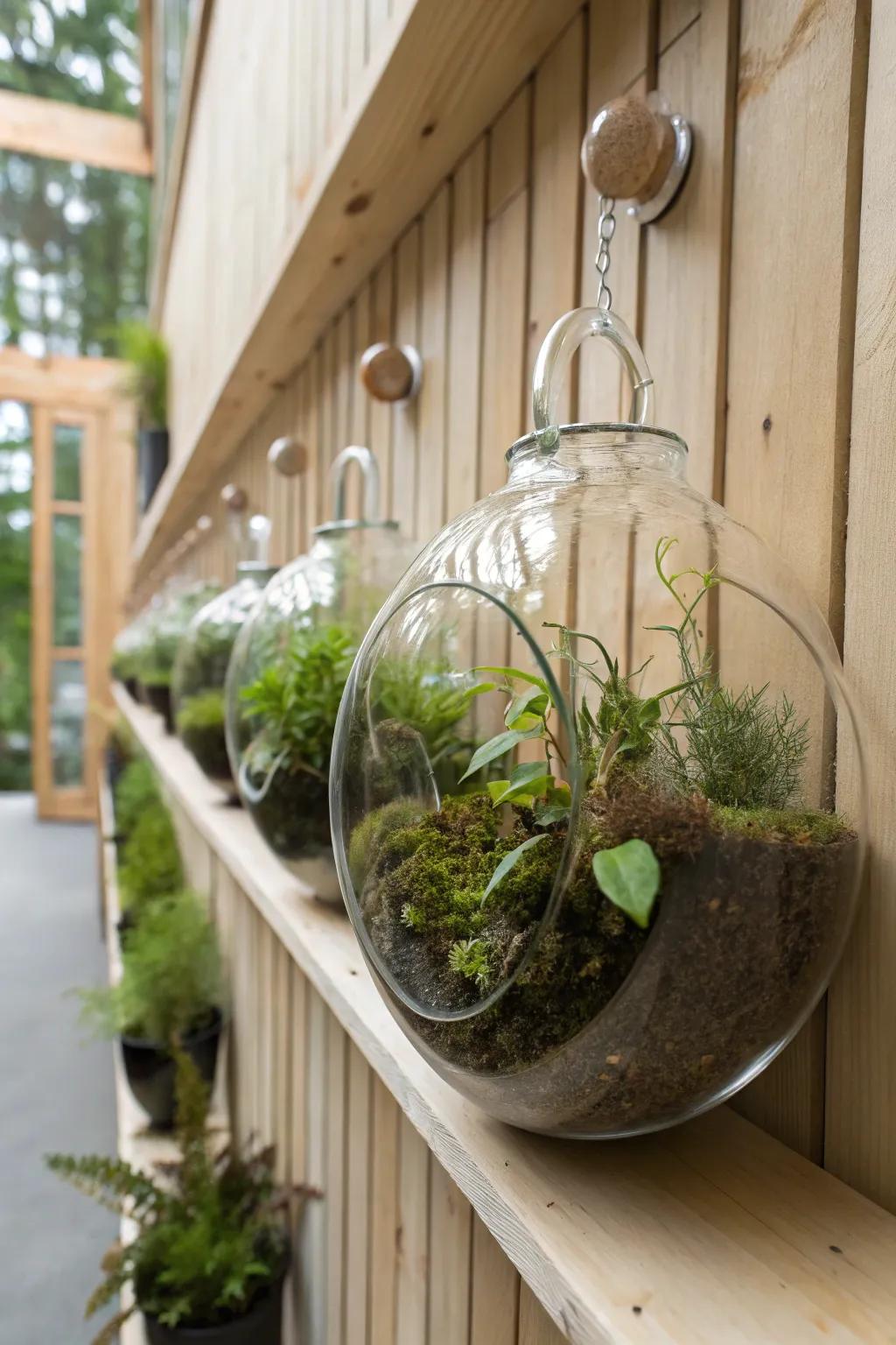 Wall-mounted terrariums add whimsy and magic to the propagation wall.