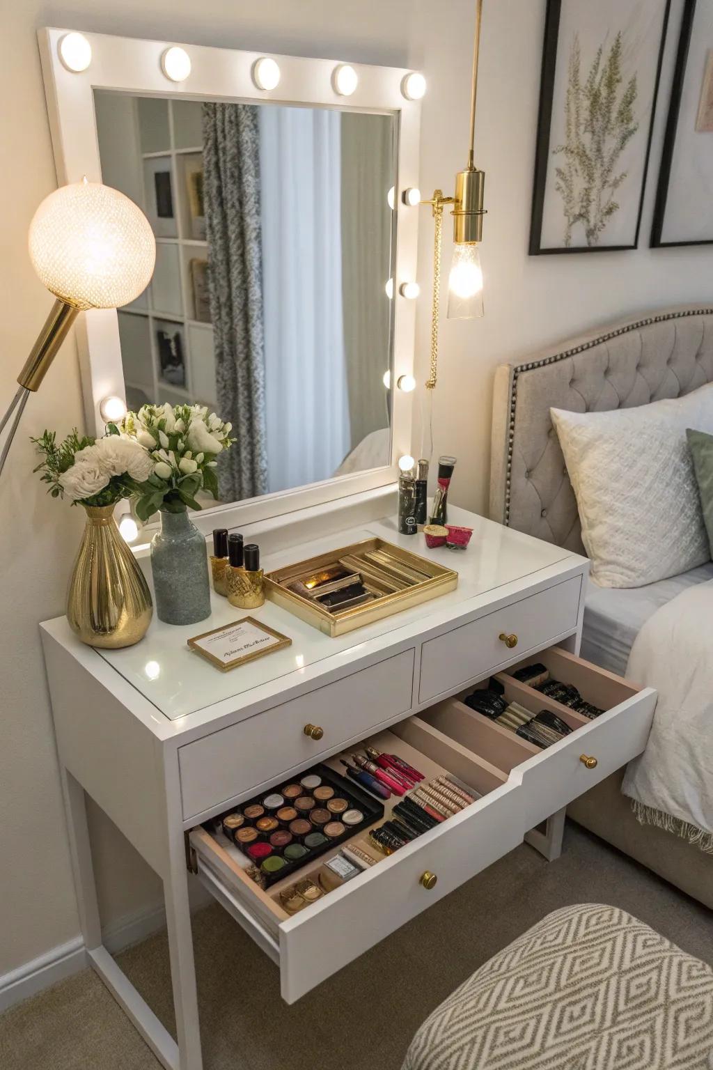 A vanity with hidden storage for a neat appearance.