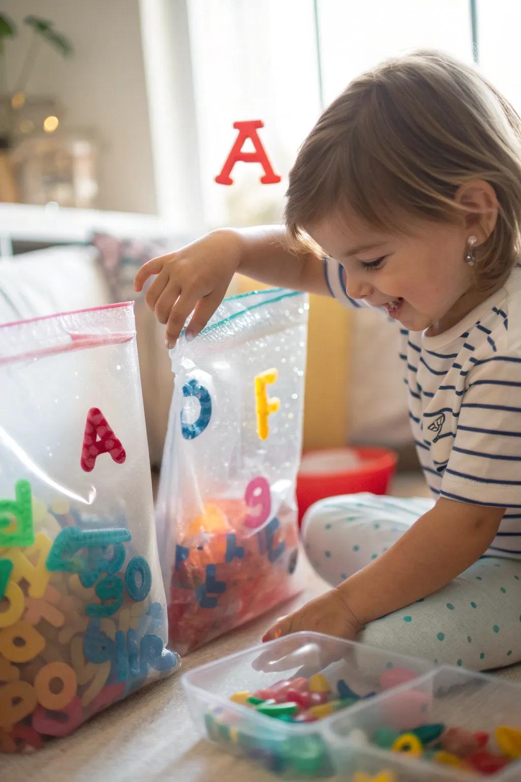 Squishy fun with alphabet sensory bags.