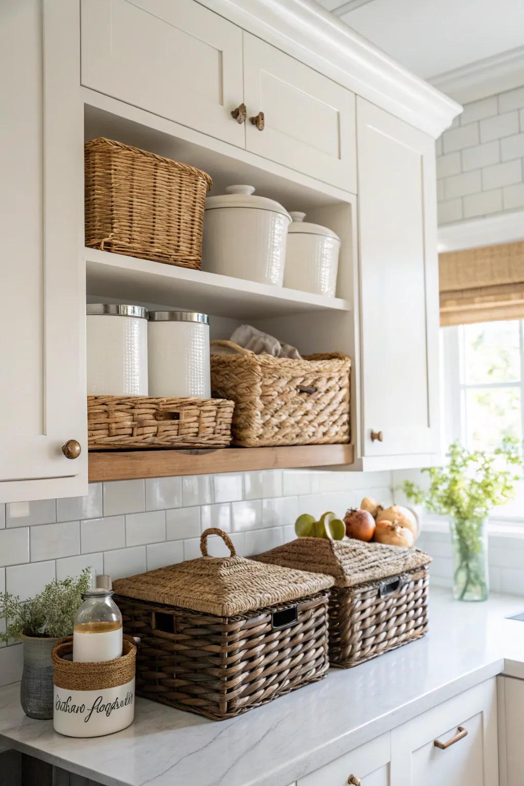 Utilize above-cabinet space for additional storage and decor.