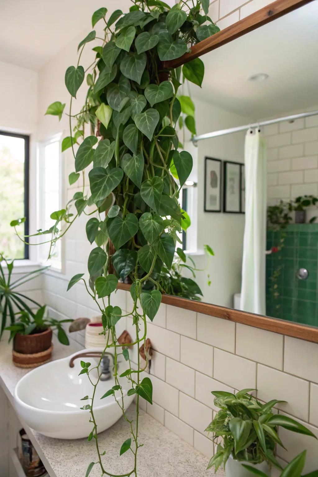 Heart Leaf Philodendrons add a lush, trailing element to bathroom decor.