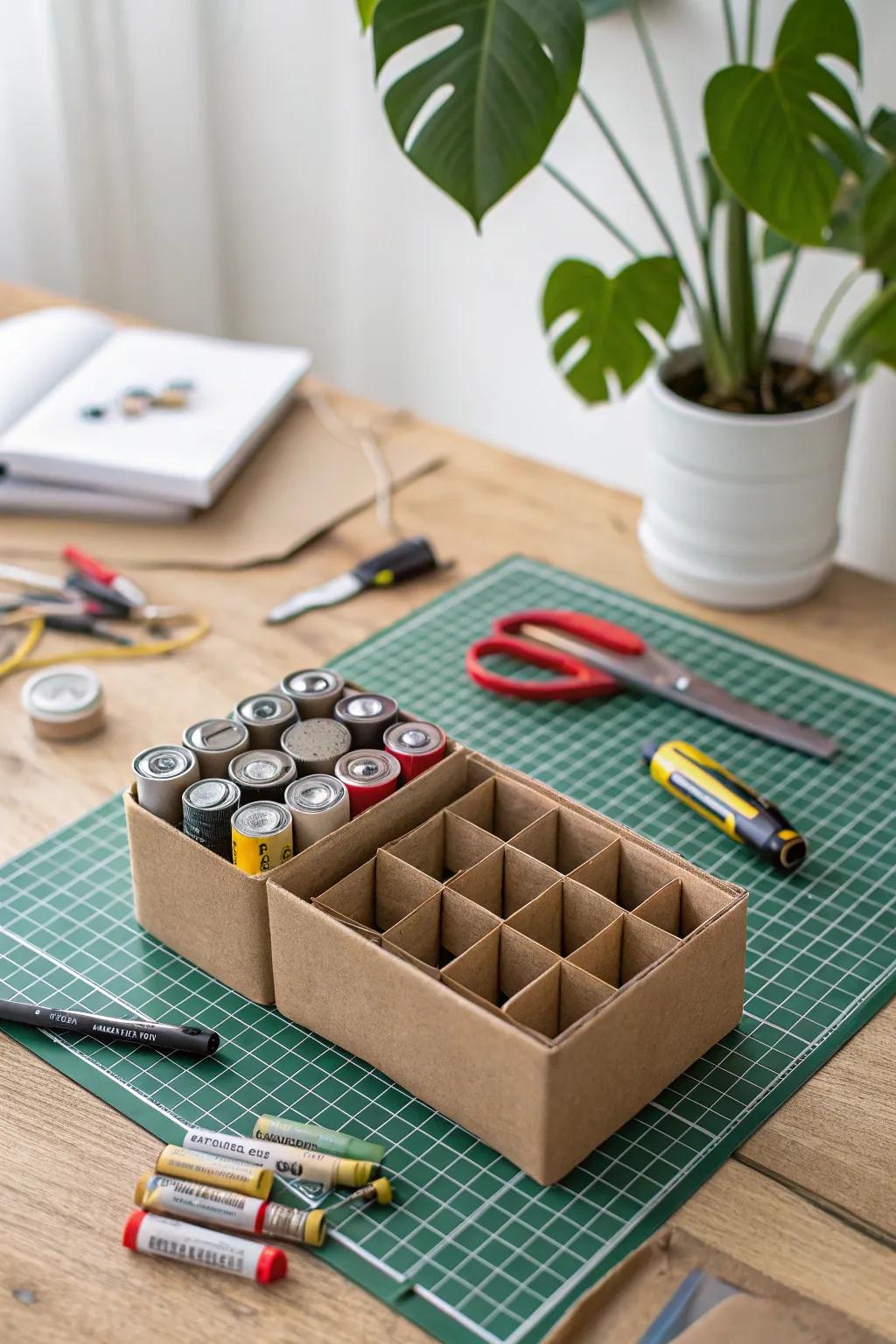 Recycled cardboard can be upcycled into an eco-friendly battery organizer.