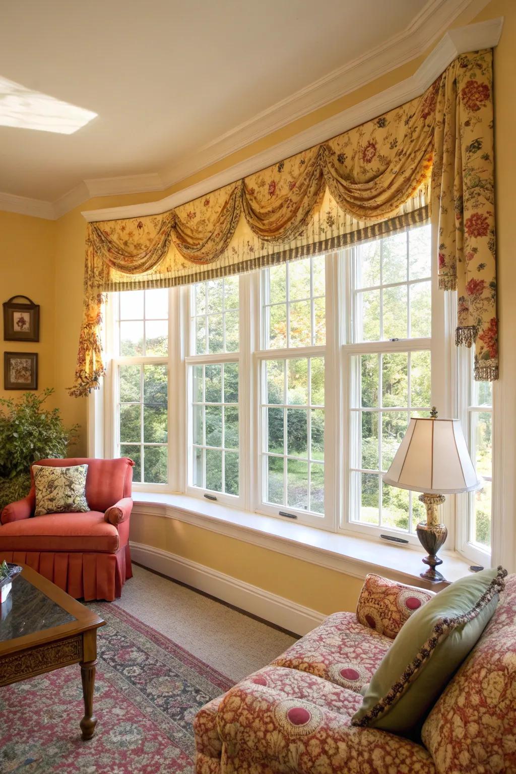 Decorative valances add personality and charm to bay windows.