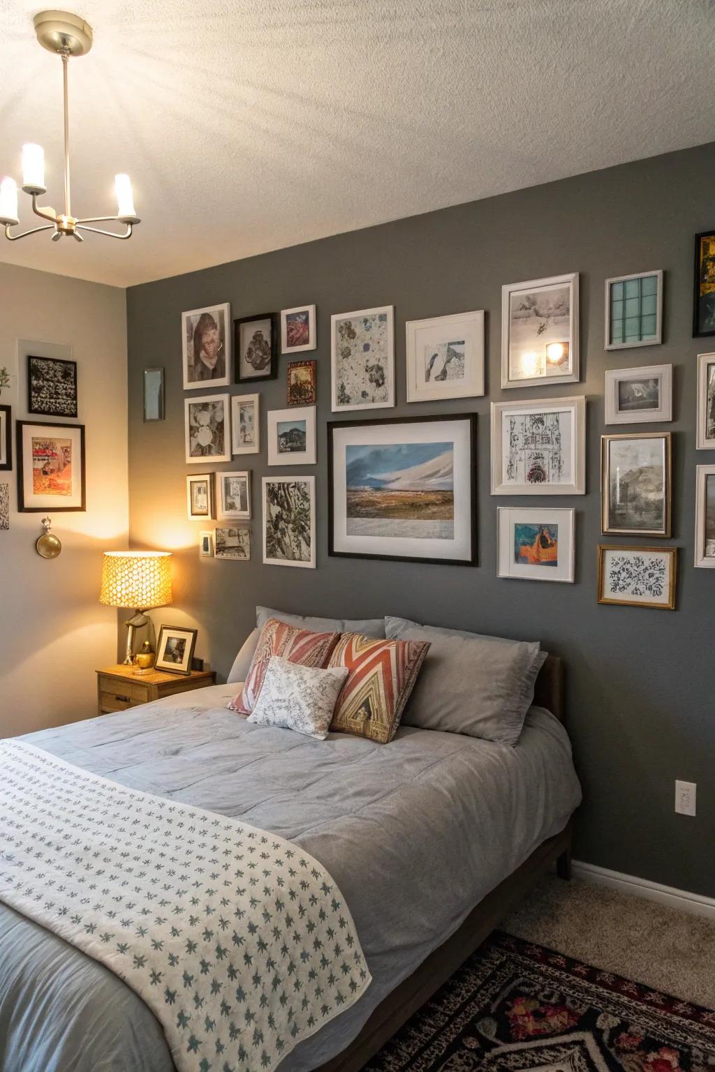 A gallery wall adds visual interest and personal flair.