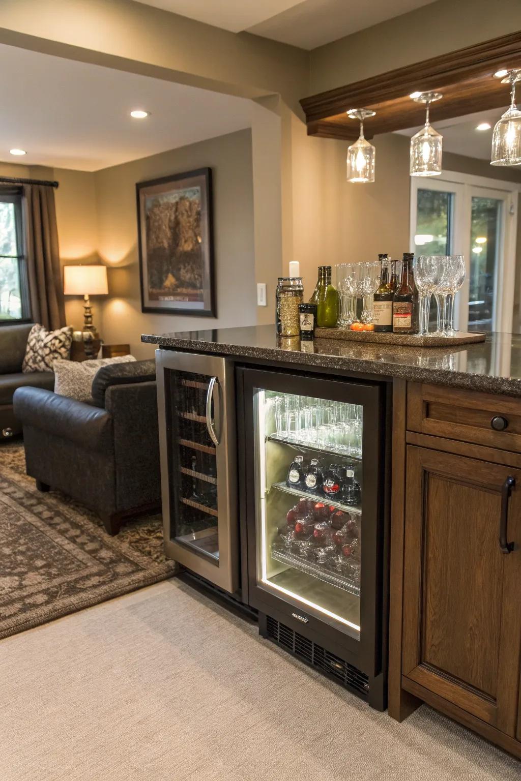 A beverage cooler adds convenience.