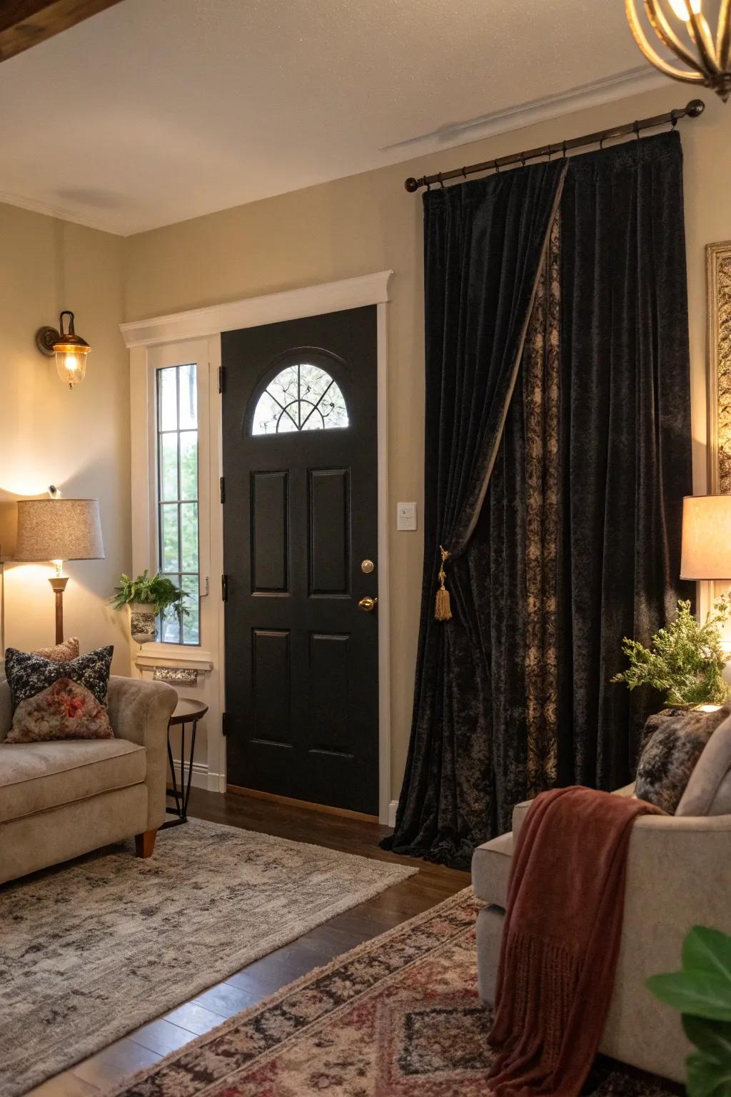 Soft textiles complementing the stylish black doors.