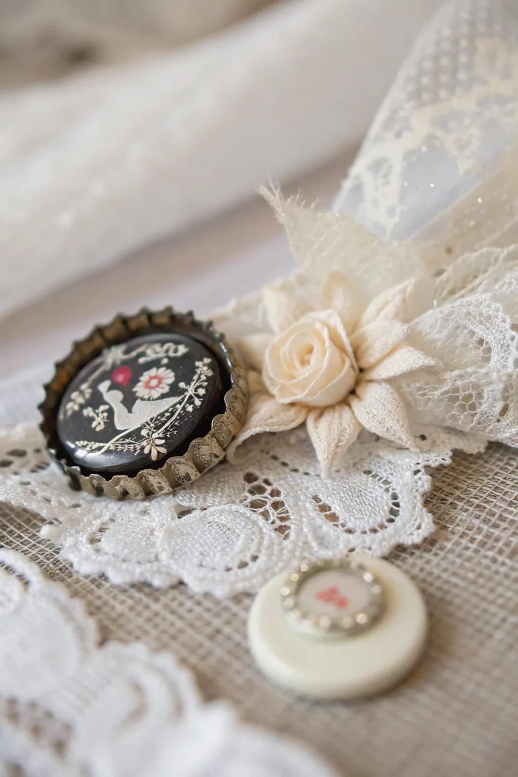 Lace-accented bottle cap pins for a sophisticated touch.