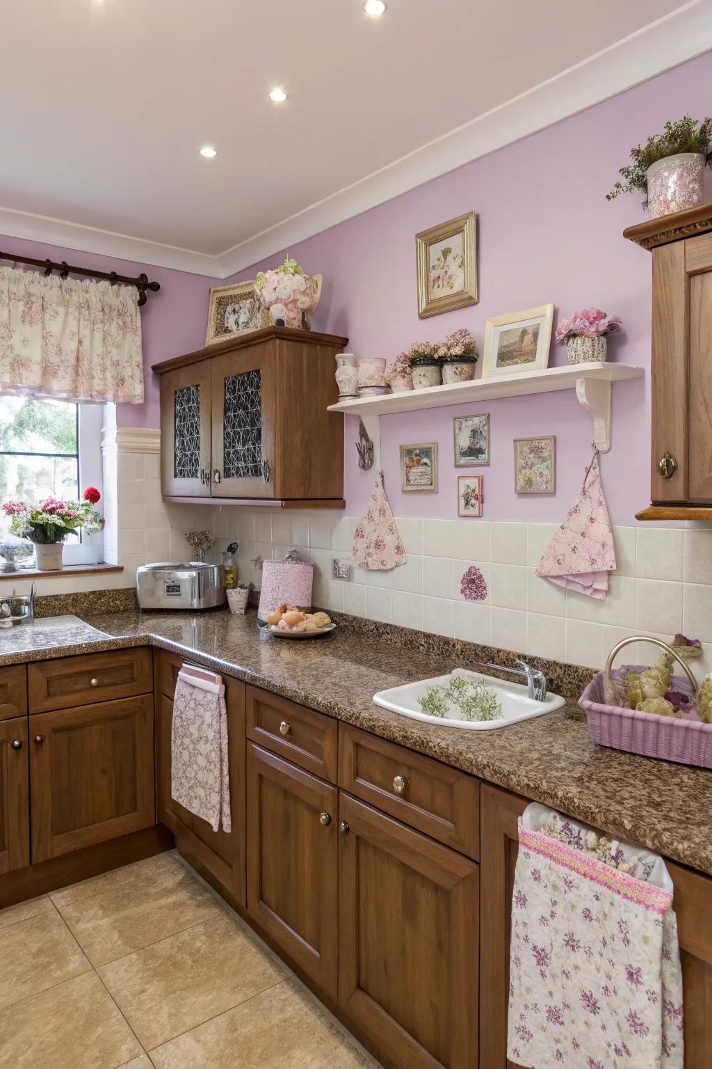 Soft lavender walls add a whimsical touch to kitchens with brown granite.