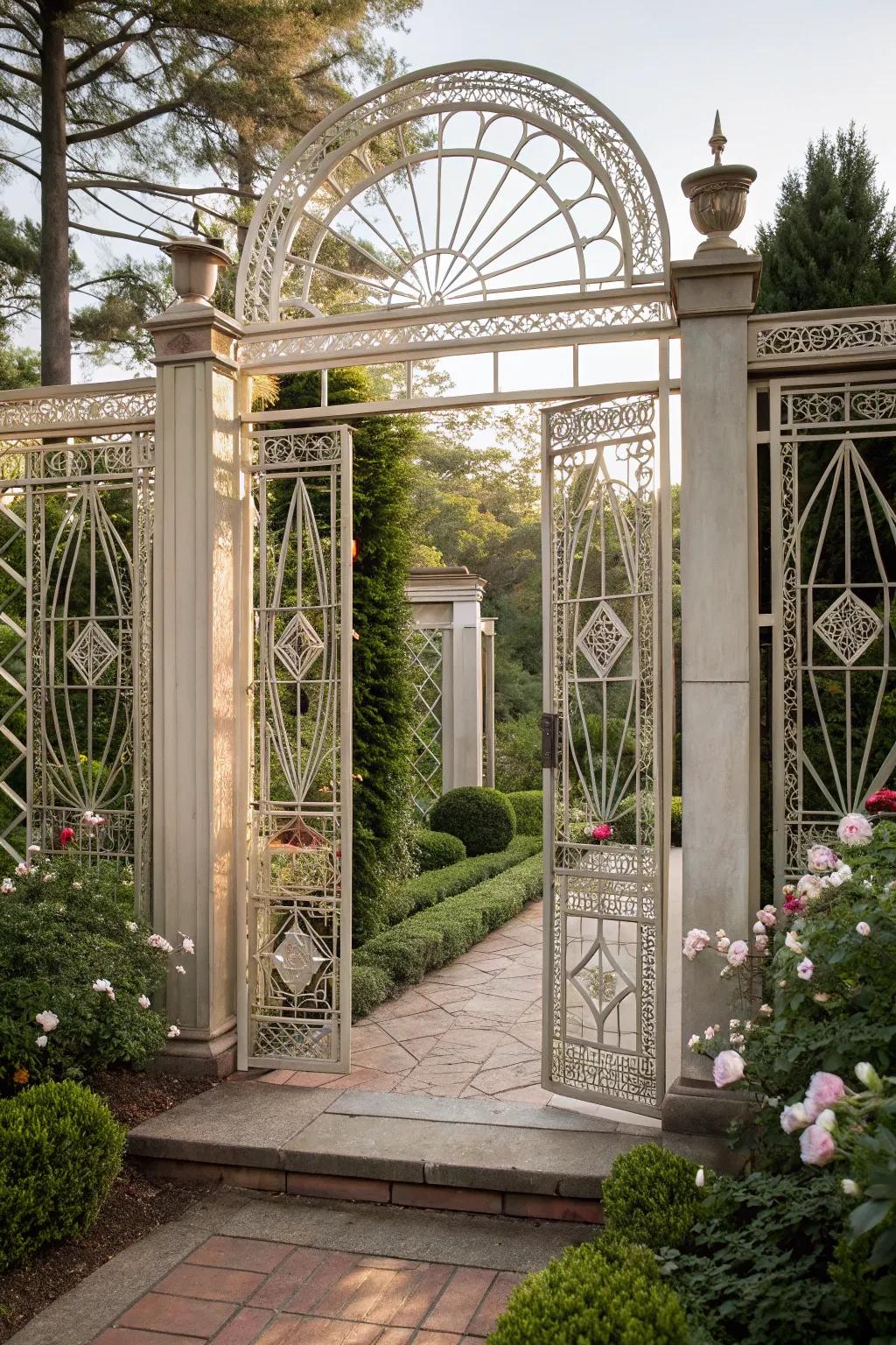 An Art Deco-inspired wire gate brings timeless elegance to your garden.