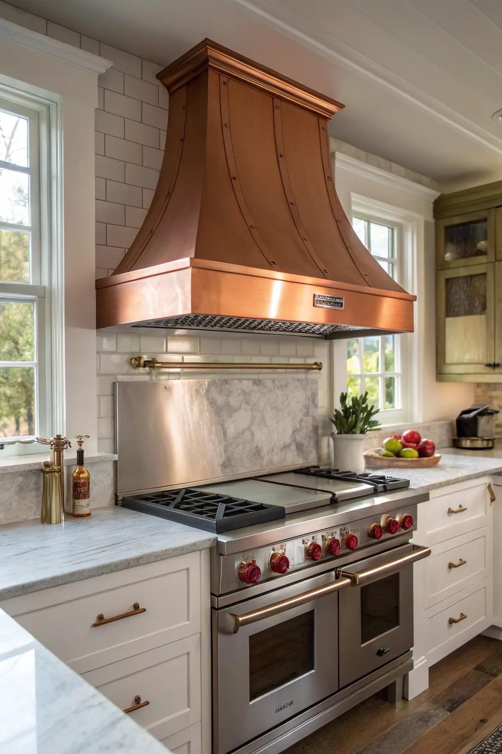 A kitchen showcasing a range hood with mixed metal elements.