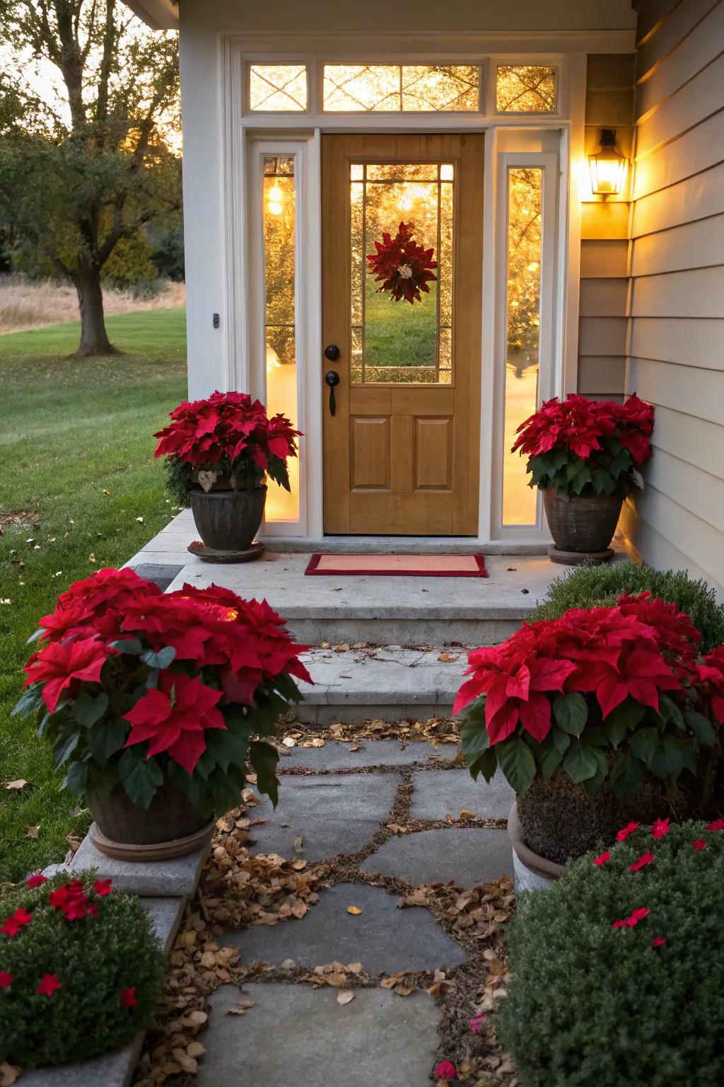 Poinsettias add a burst of festive red to the entrance.