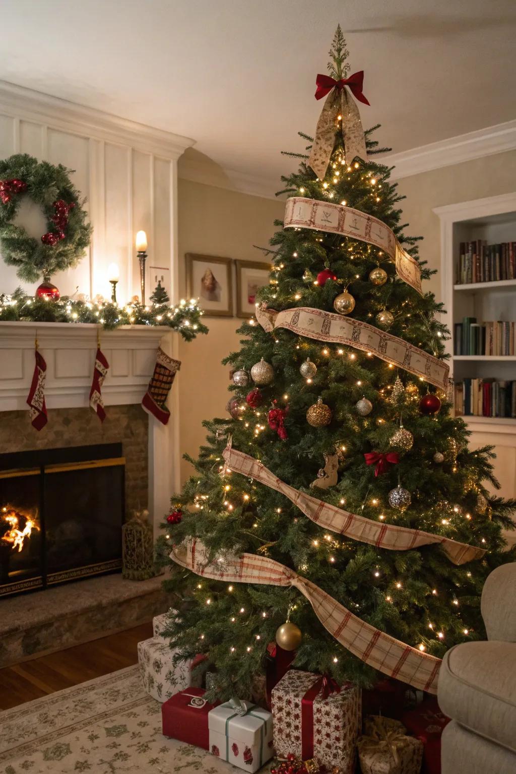 A charming Christmas tree adorned with vintage-inspired ribbons, bringing a sense of history to the decor.