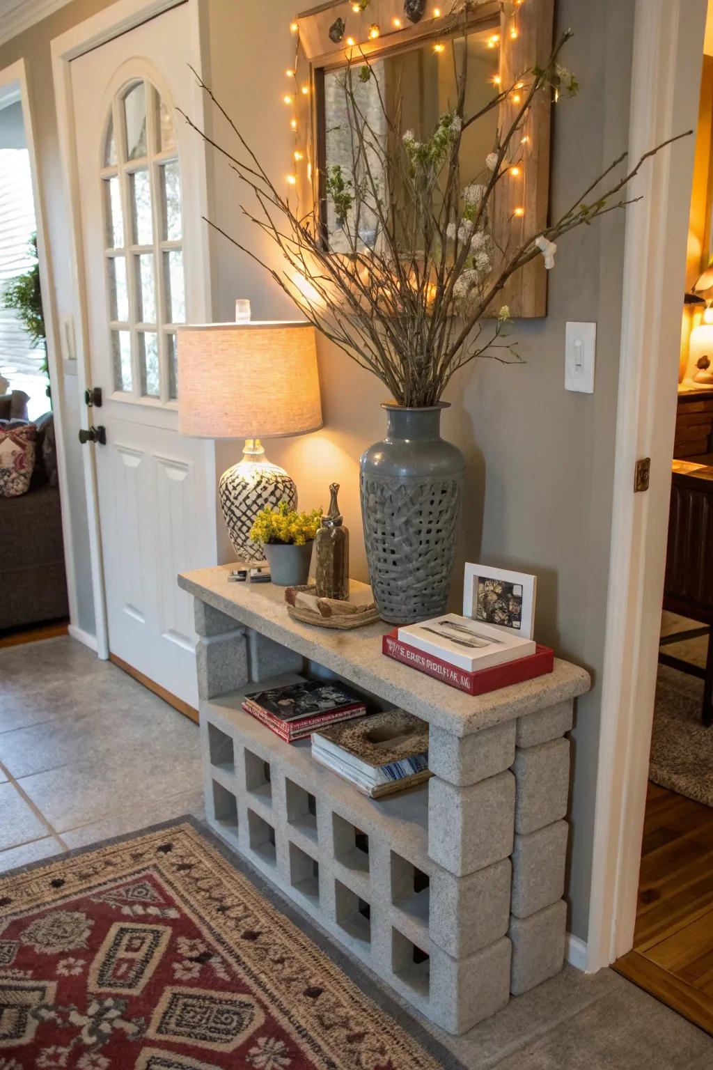 Greet guests with a chic cinder block entryway table.