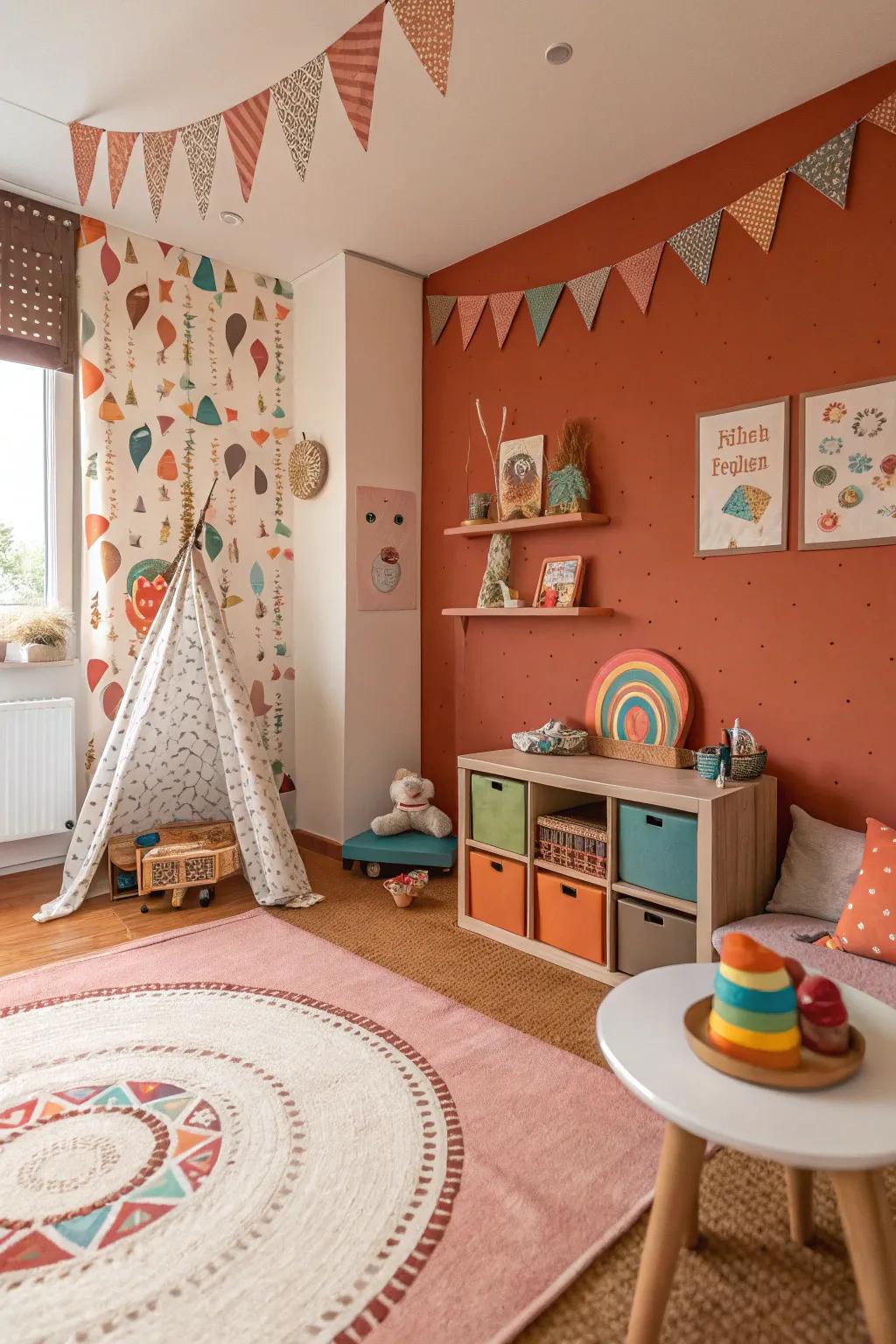 A vibrant children's room with rust and coral accents.