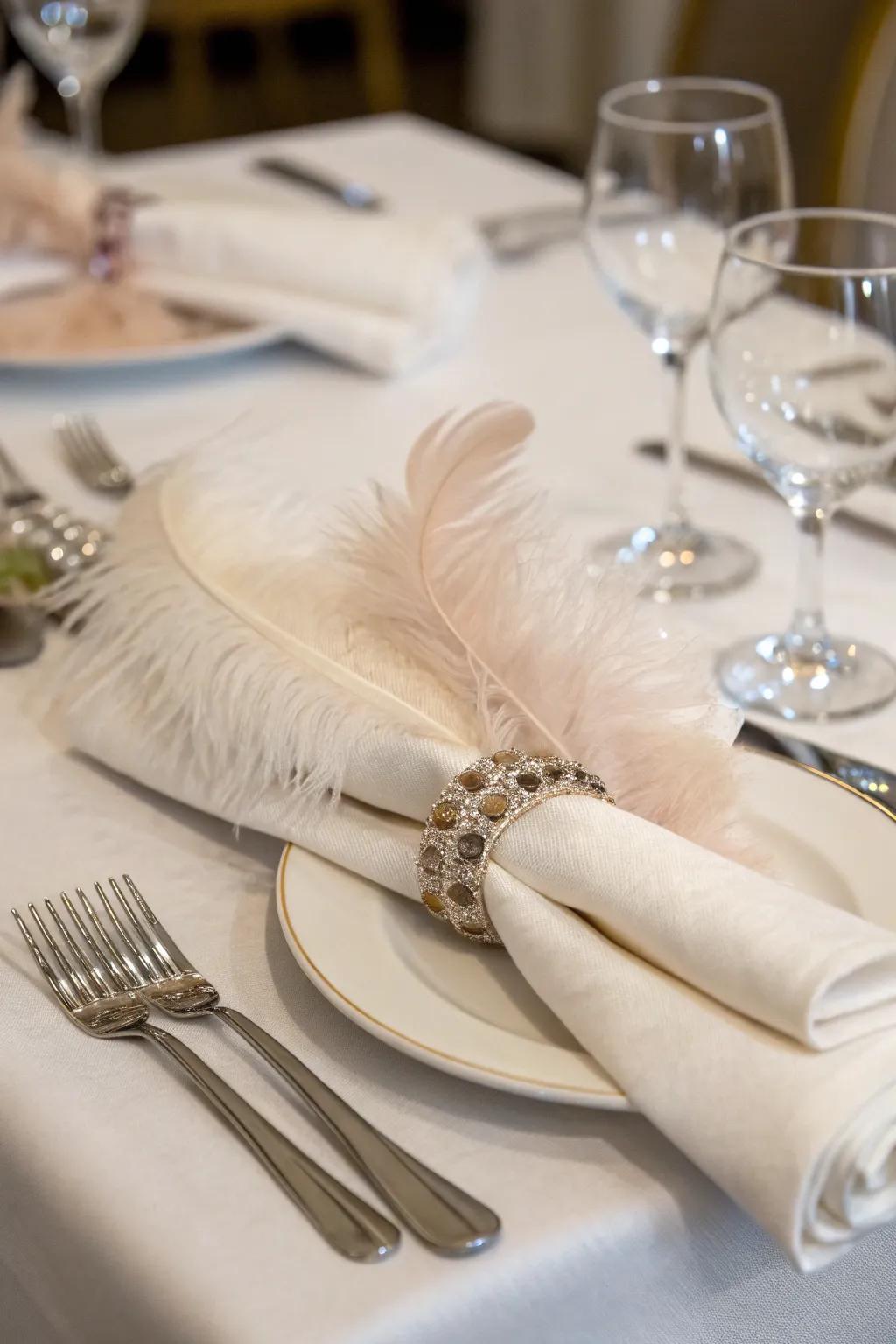 Elegant napkin rings trimmed with soft feathers on a dining table.