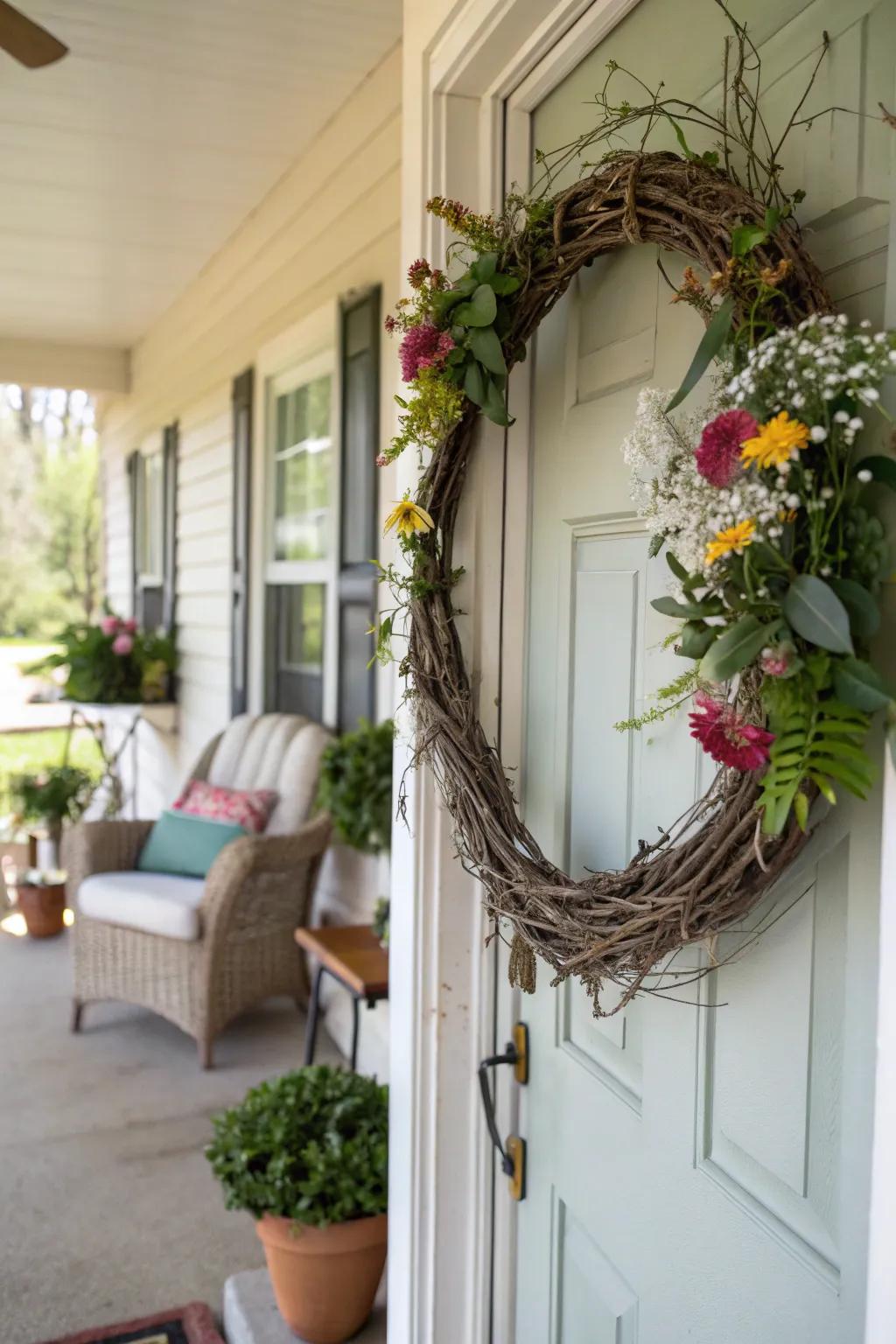 A beautiful stick wreath adorned with flowers, perfect for a friendly welcome.