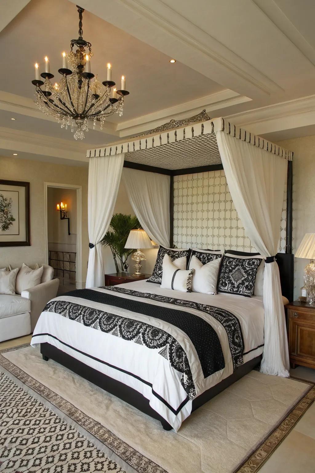 A black and white cabana-style bedspread creates a bold and luxurious statement.