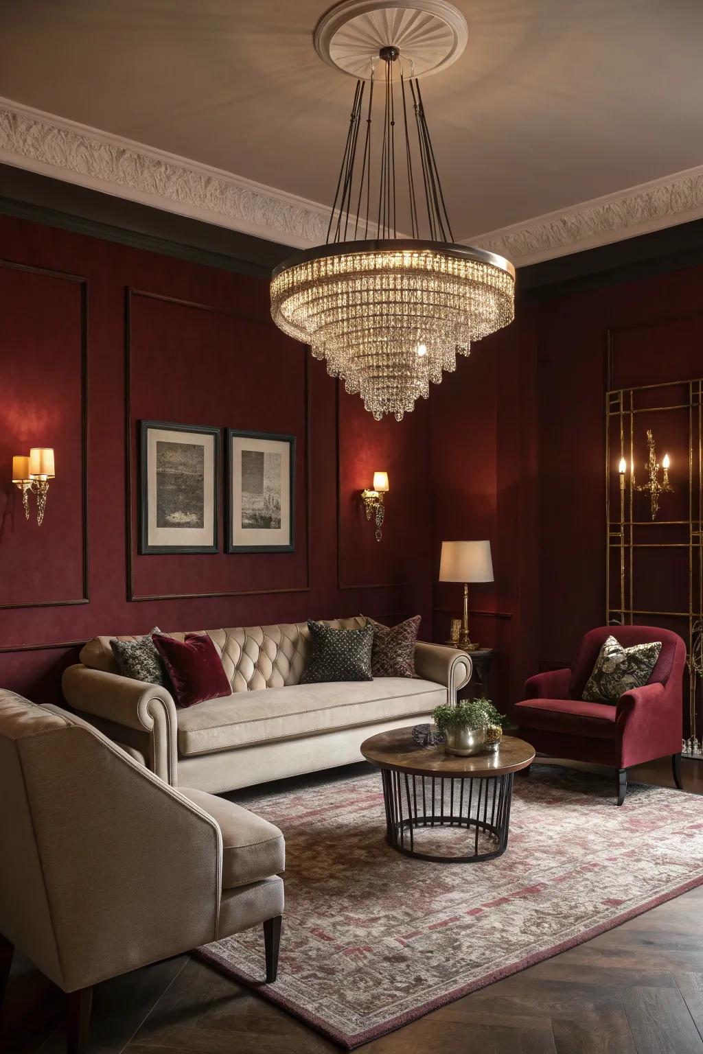 An elegant living room with dark red walls and a unique chandelier.