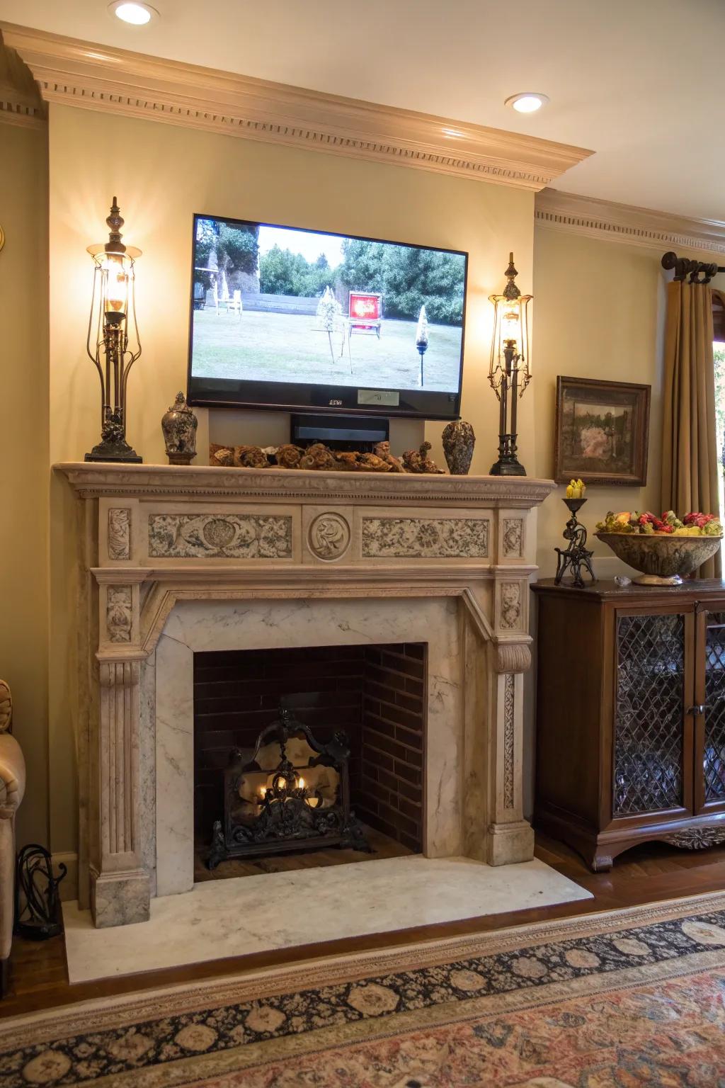 TV above an antique mantel adding vintage charm to a living room.