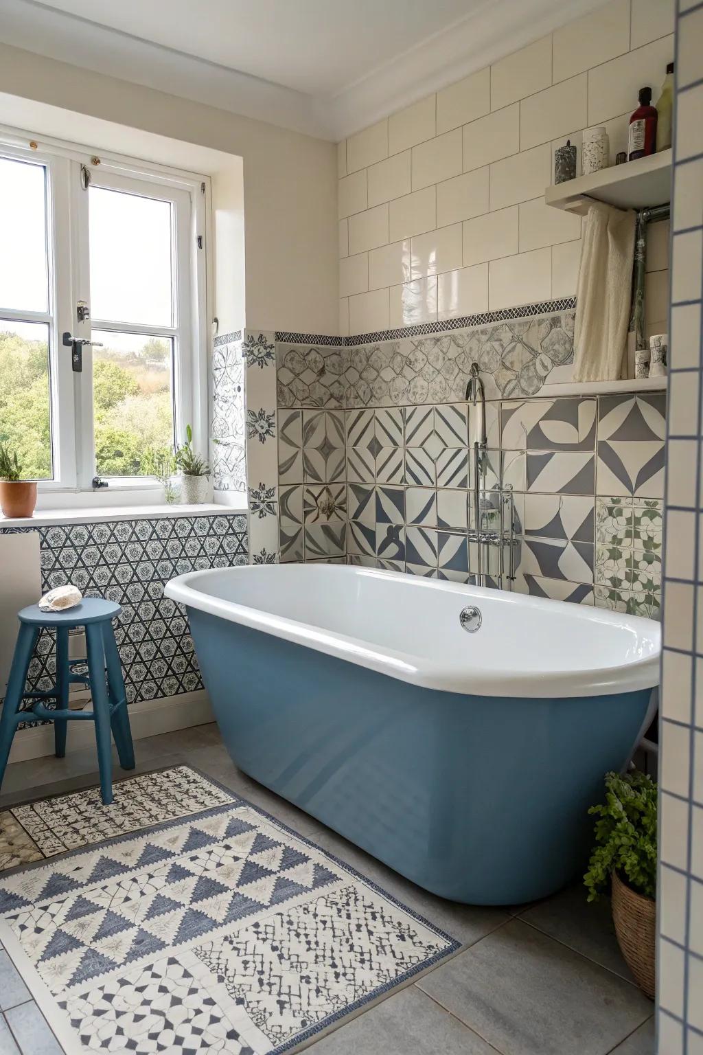 Geometric patterns bring a contemporary edge to the blue bathtub area.