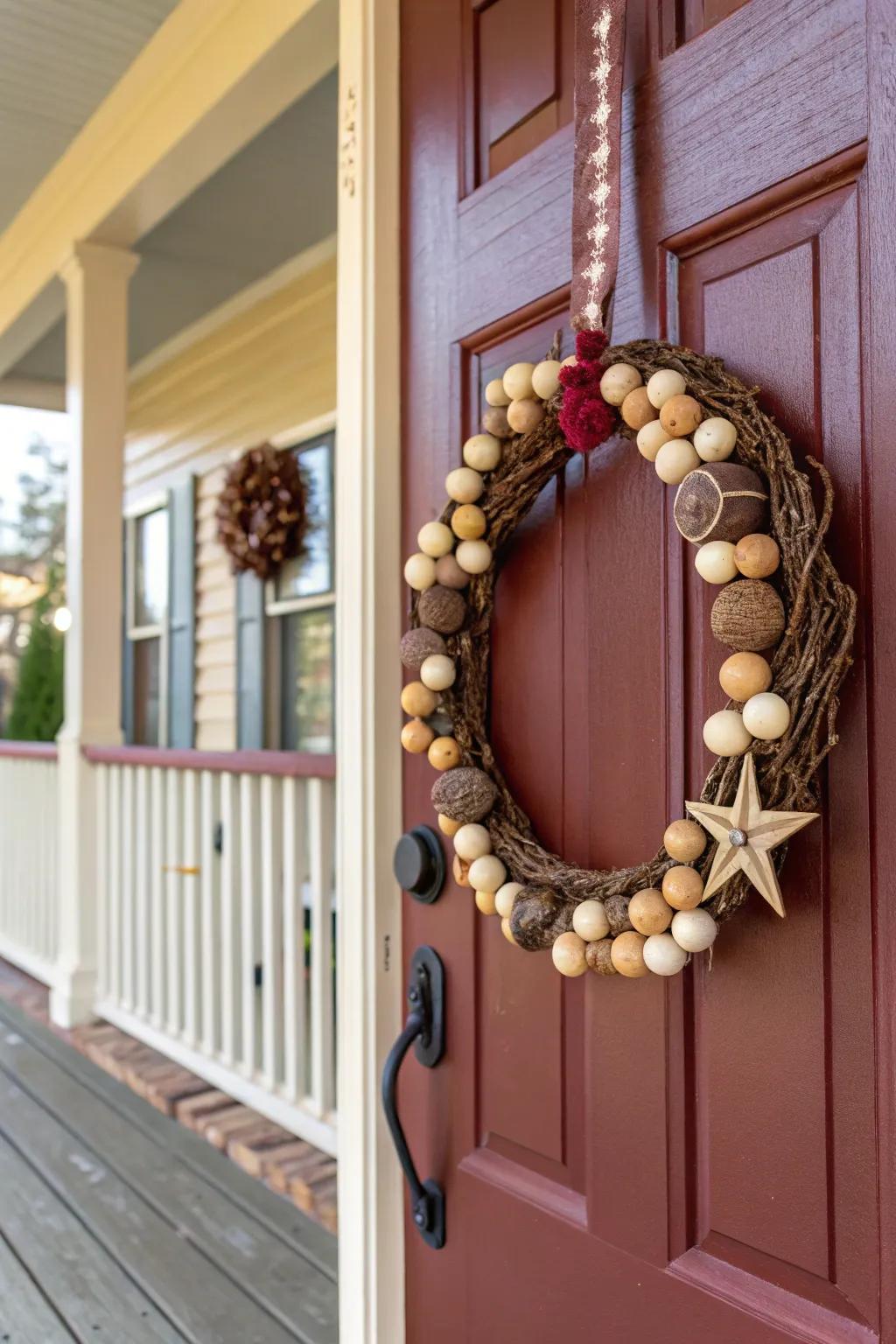 A welcoming wreath decorated with wooden beads.