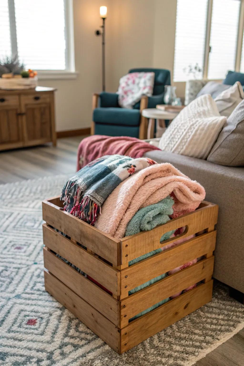 A wooden crate blanket storage offers cozy convenience.