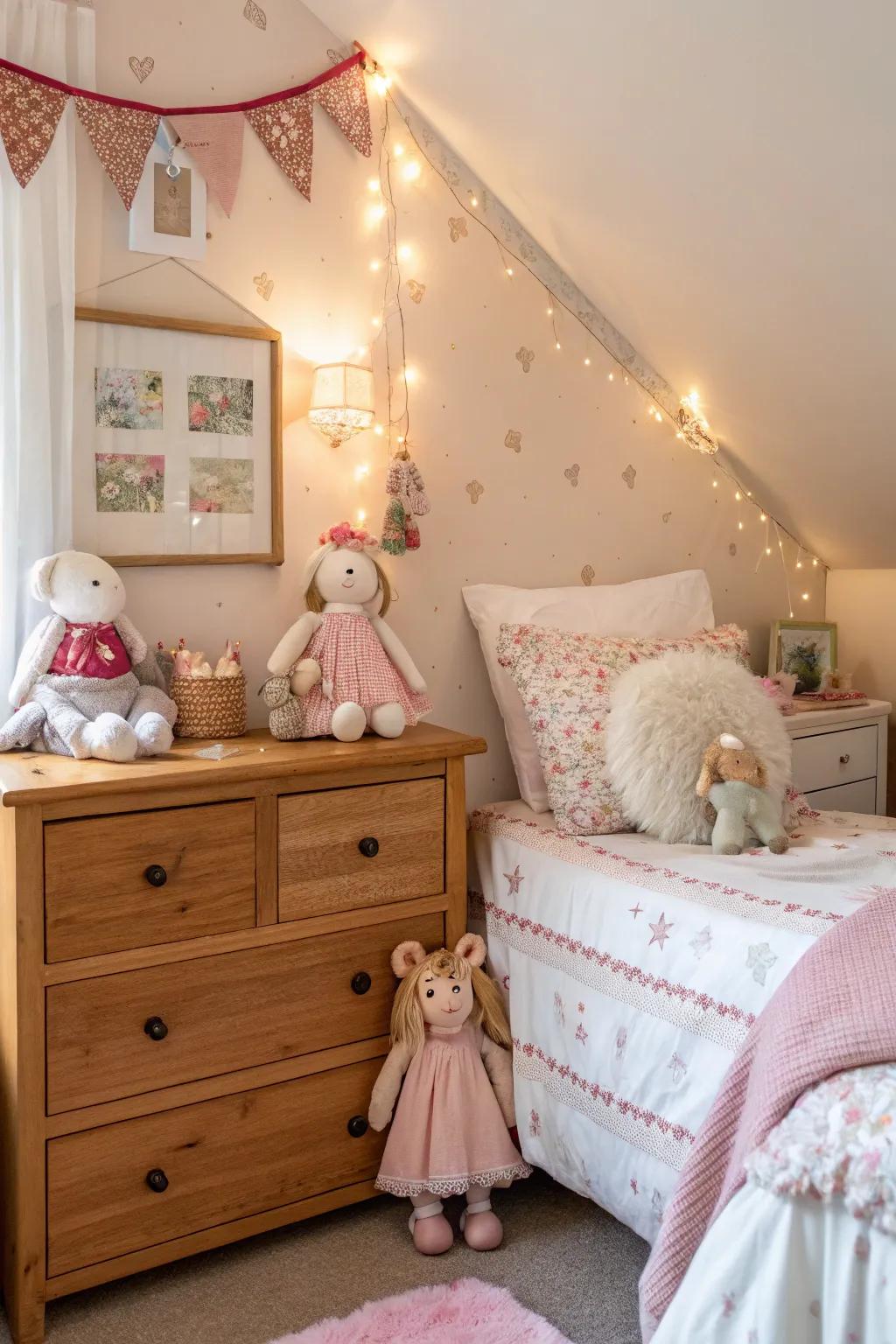 Dolls adding a personal touch to bedroom decor.