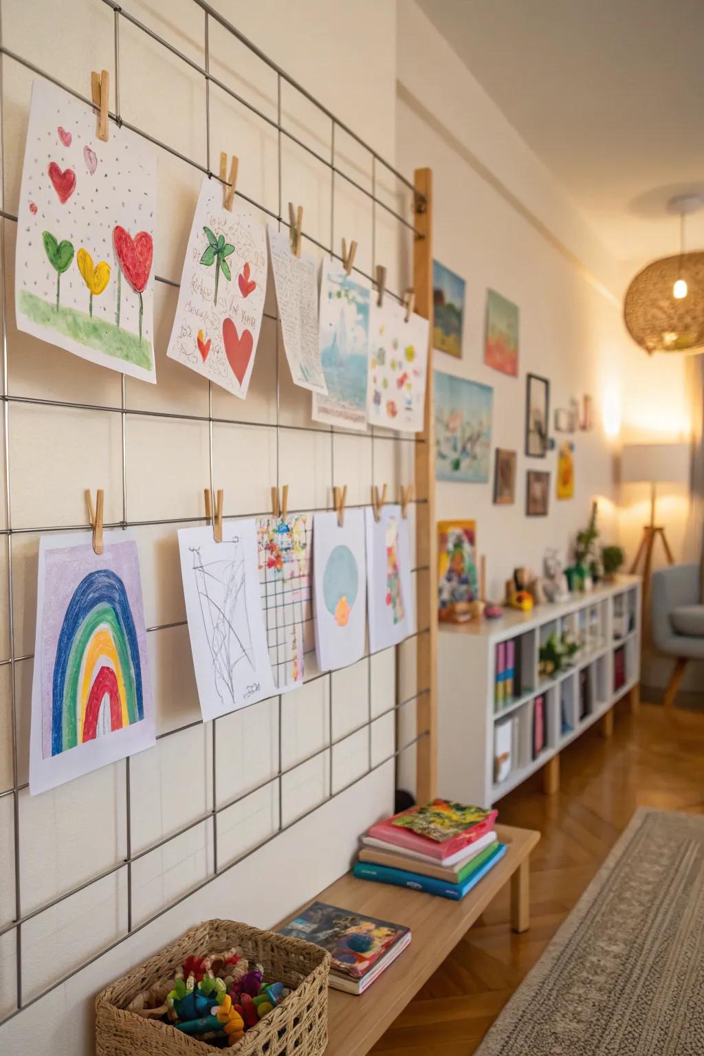 A flexible wire system displaying children's artwork.