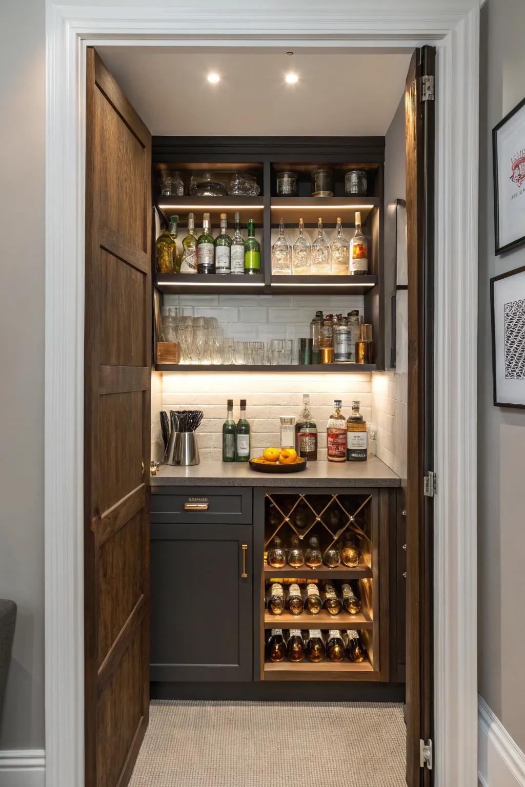 A closet hides a secret bar, perfect for discreet liquor storage.