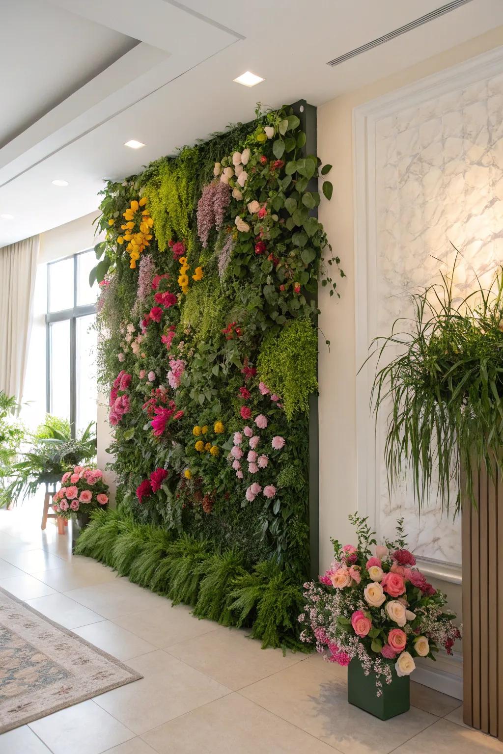 Lush garden-inspired flower wall for a stunning wedding backdrop.