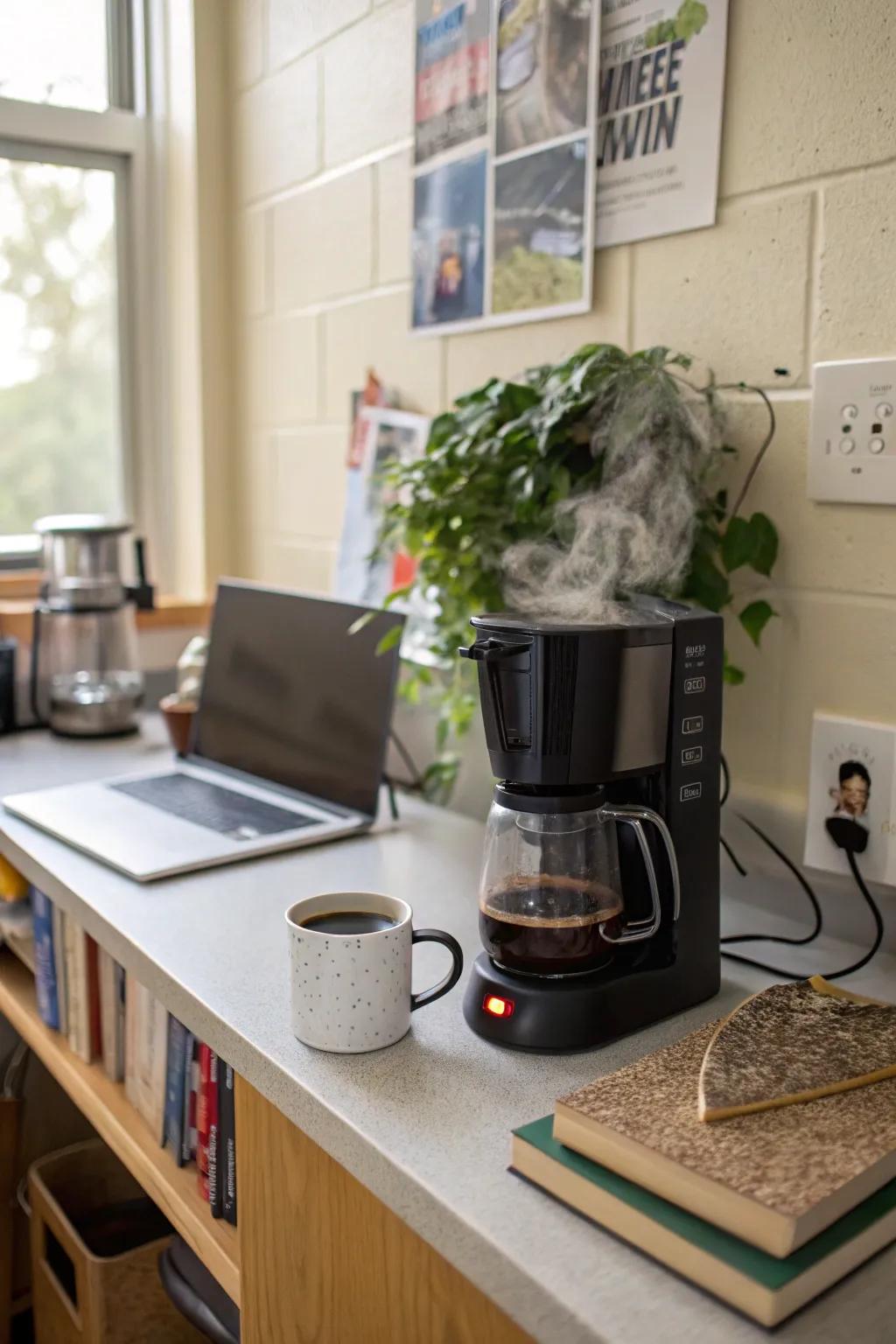 Enjoy a morning brew with a compact coffee maker.