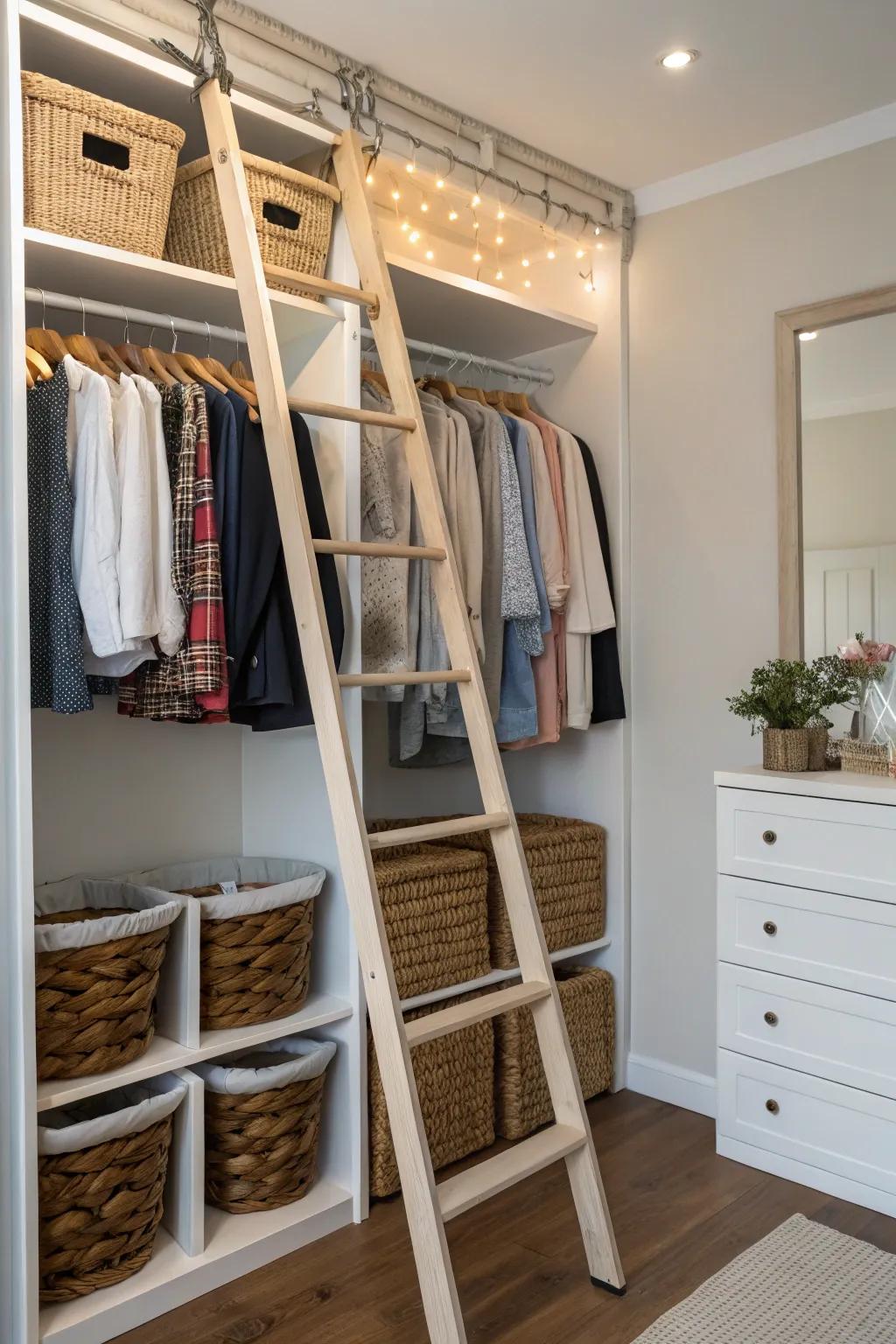 A ladder offers both style and practicality for high storage.