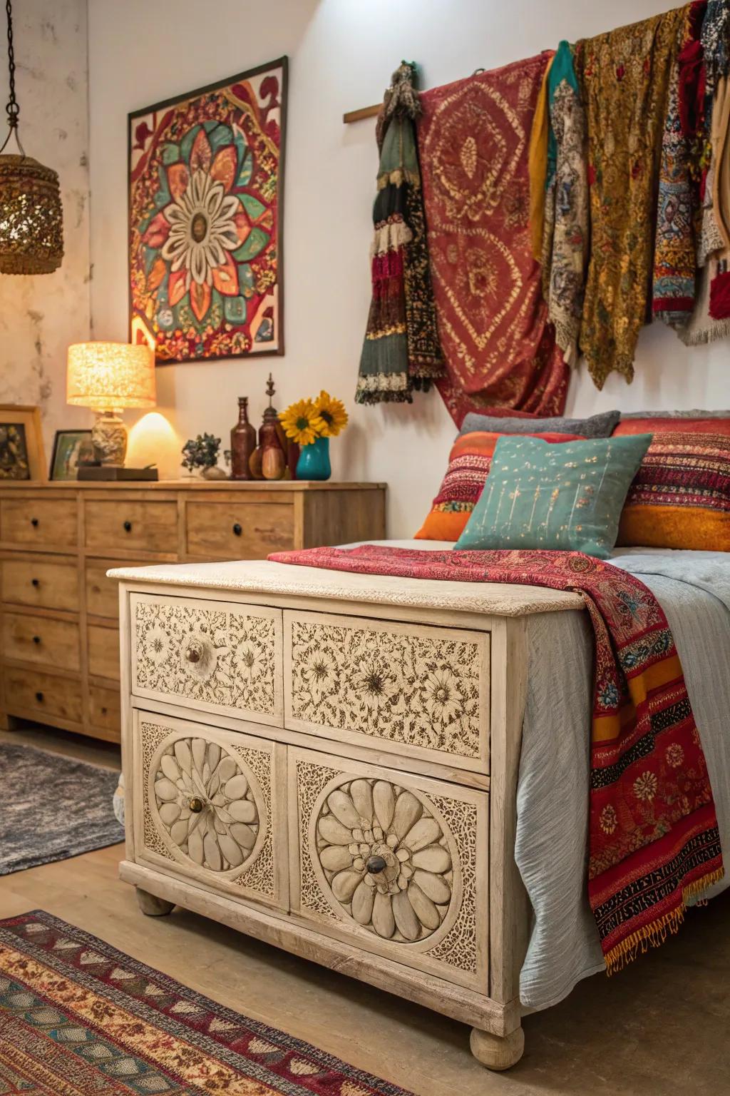 A bohemian dresser adds an eclectic and artistic touch to your decor.