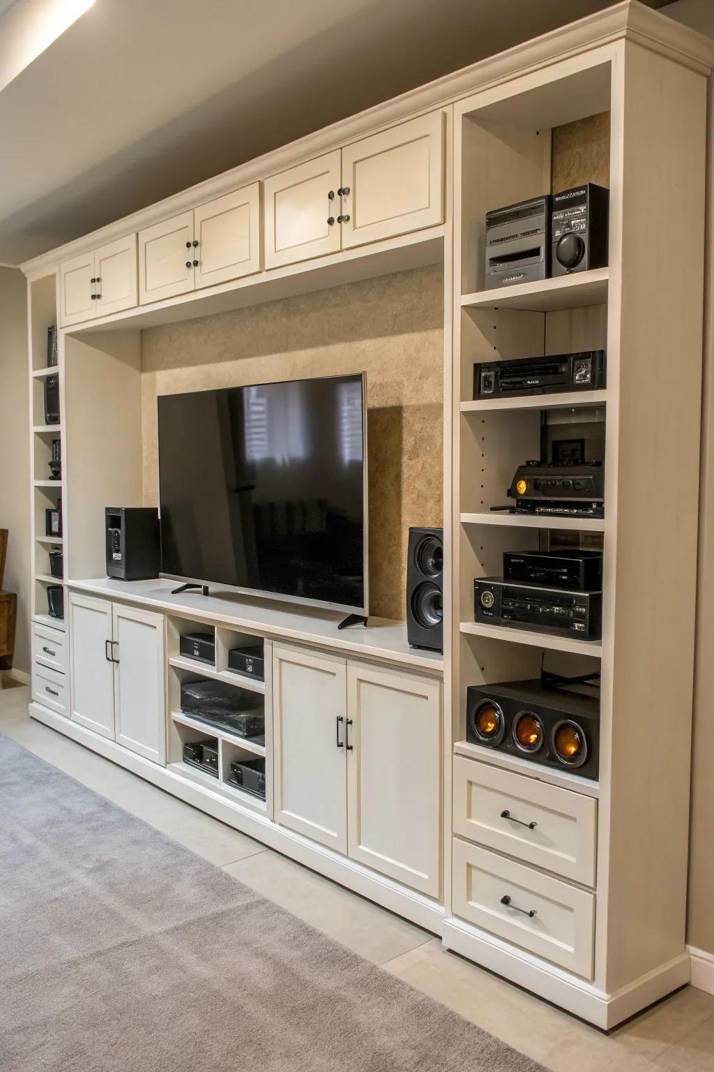 Modular components offer flexibility and customization in this entertainment center.