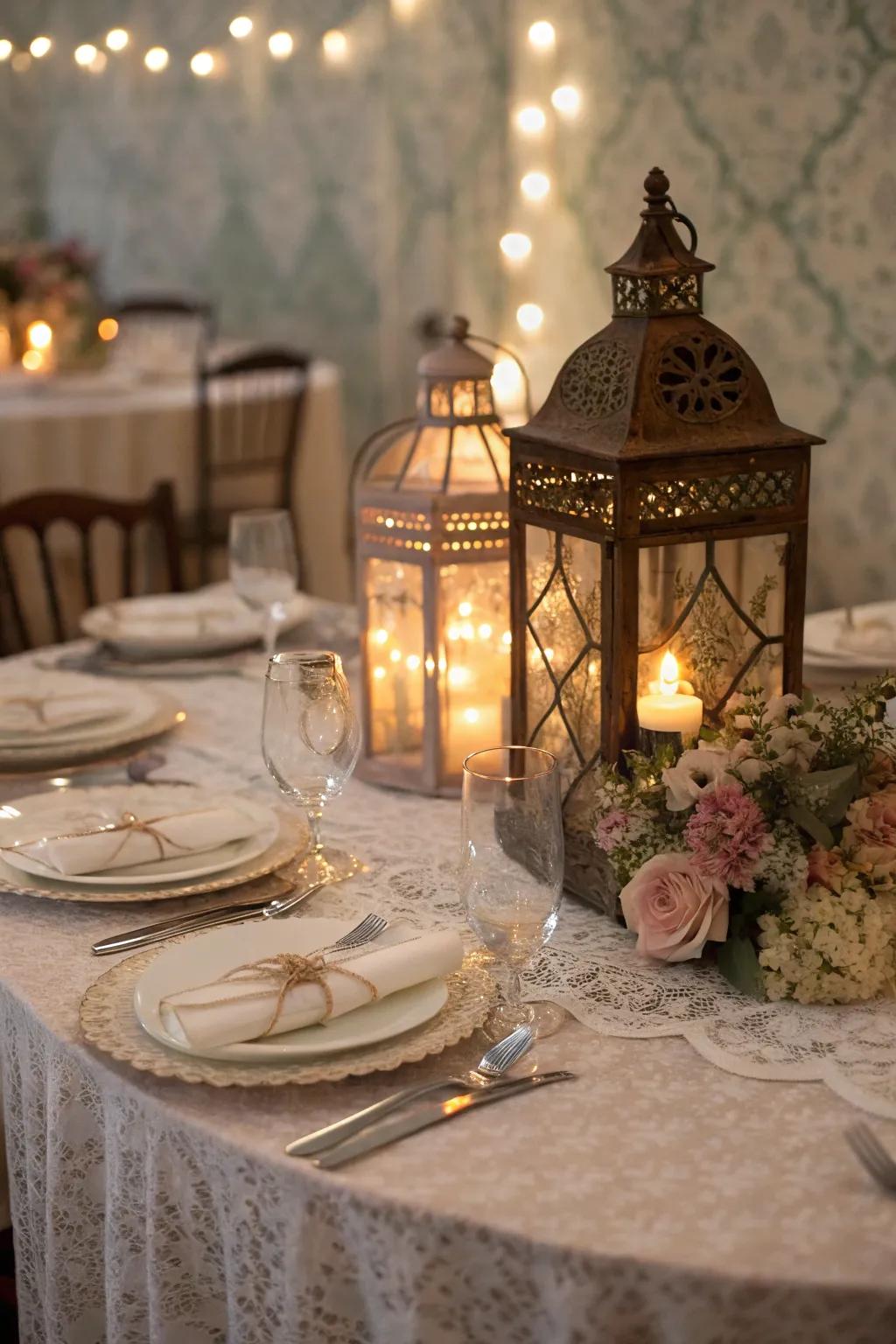 Vintage lanterns with fairy lights add charm and sparkle.