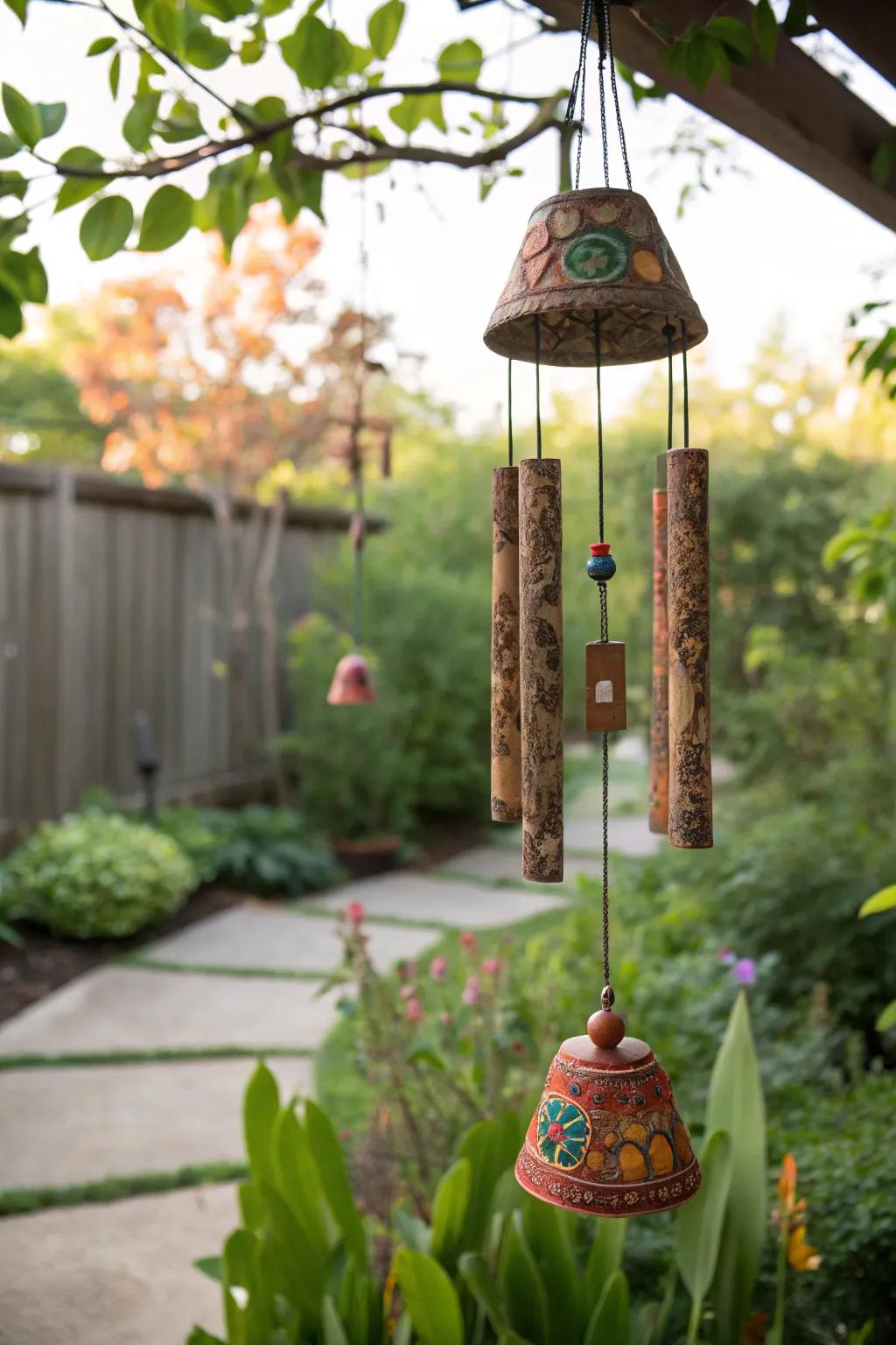 Clay wind chimes crafted from excavator clay, creating soothing sounds in a garden setting.