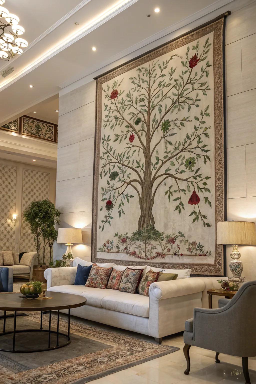 A family tree tapestry that adds artistic flair and family heritage to home decor.