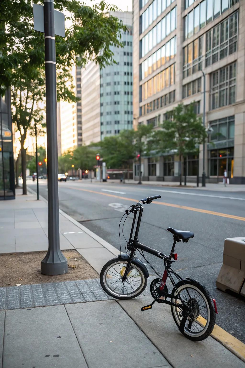 A foldable bicycle for convenient urban commuting.