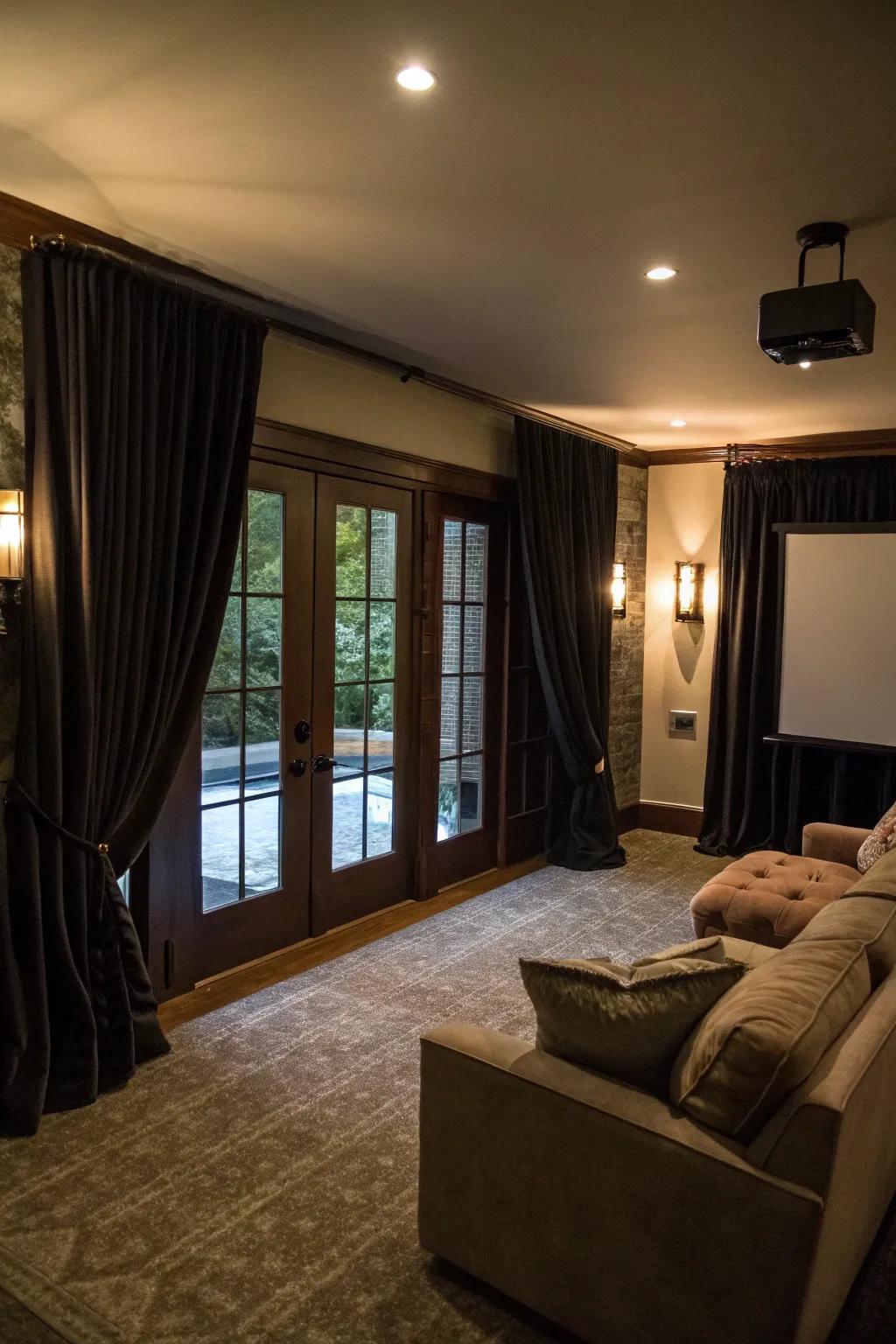 Dramatic blackout curtains providing complete privacy and light control.