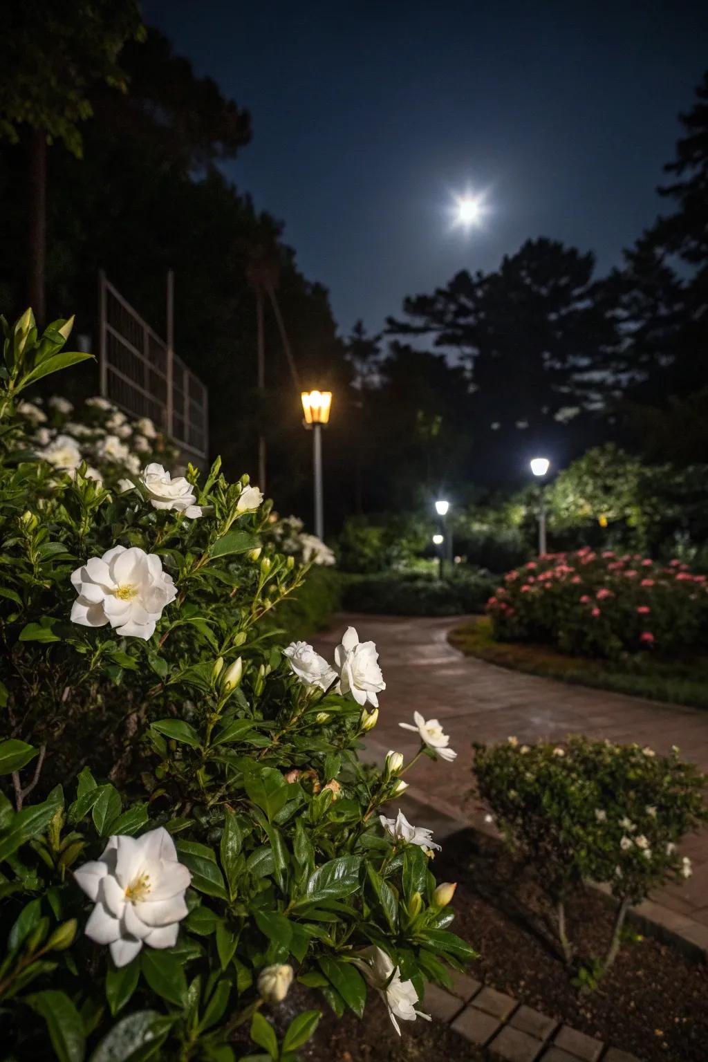 Create an enchanting moonlit garden with the glowing beauty of gardenias.